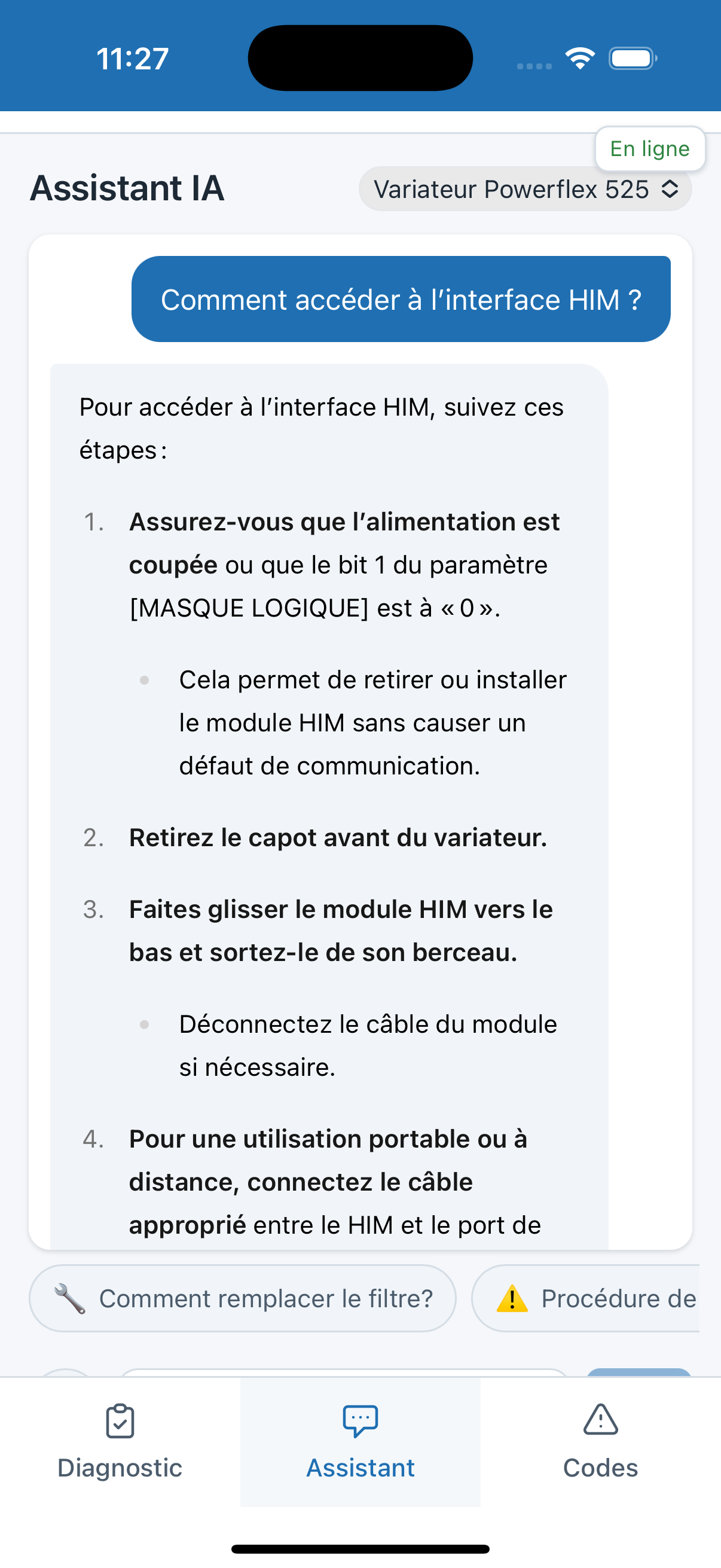 Assistant IA répondant aux questions du technicien